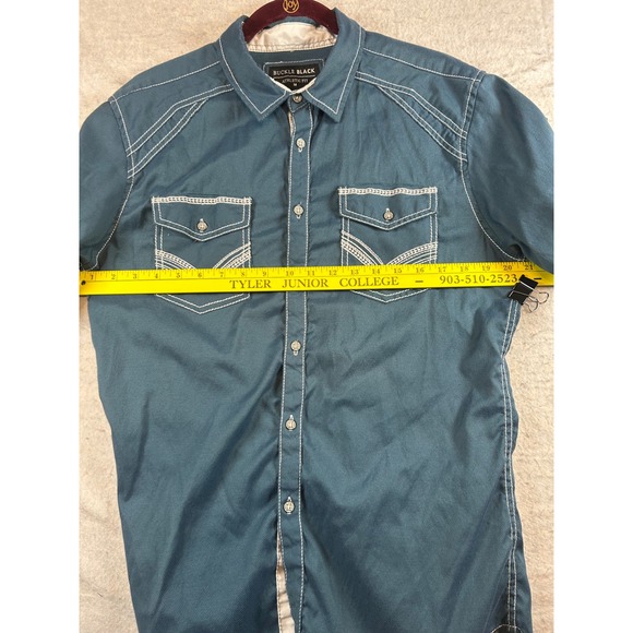 Buckle Black Athletic Fit Short Sleeve Button Up Shirt Slate Blue Mens Size M - Picture 8 of 12